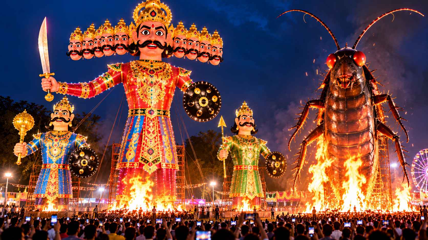 30 feet cockroach effigy in Pitampura Delhi Ramlila with Ravana Dussehra