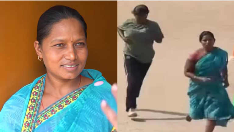 Kavita Mahato running barefoot in a saree during Home Guard recruitment trial in Ramgarh