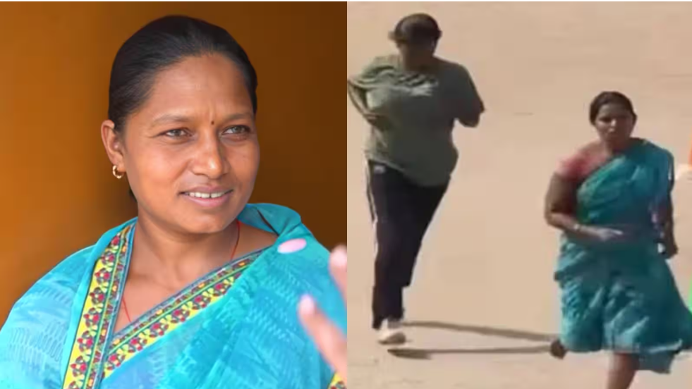 Kavita Mahato running barefoot in a saree during Home Guard recruitment trial in Ramgarh